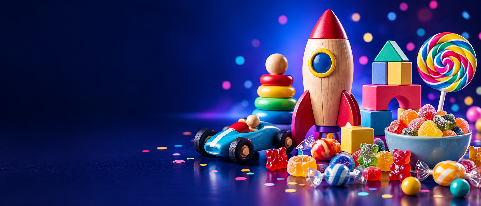 Colourful toys and sweets arranged together